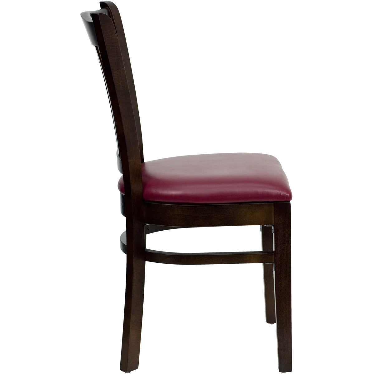 Burgundy Vinyl Seat/Walnut Wood Frame |#| Vertical Slat Back Walnut Wood Restaurant Chair - Burgundy Vinyl Seat