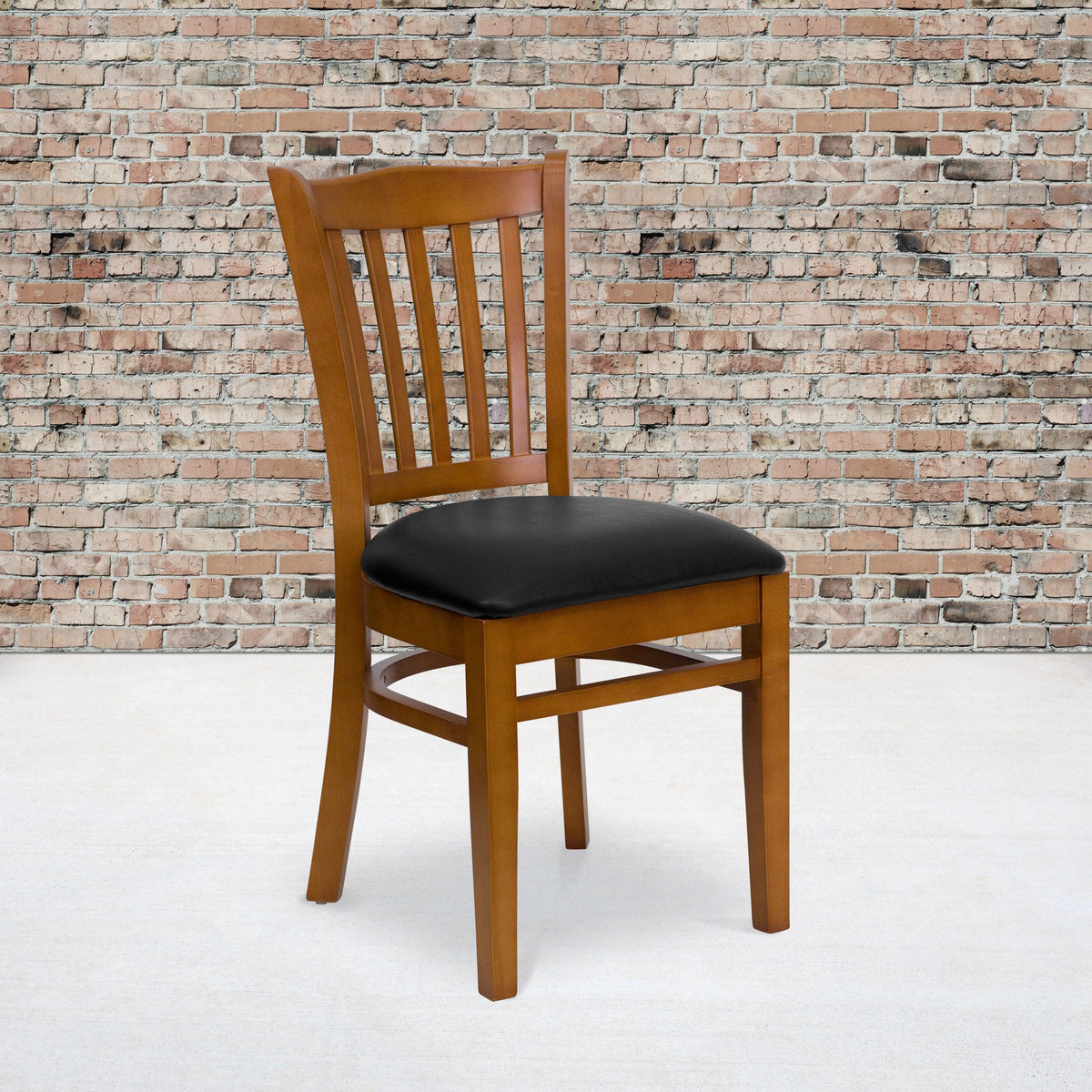 Black Vinyl Seat/Cherry Wood Frame |#| Vertical Slat Back Cherry Wood Restaurant Chair - Black Vinyl Seat