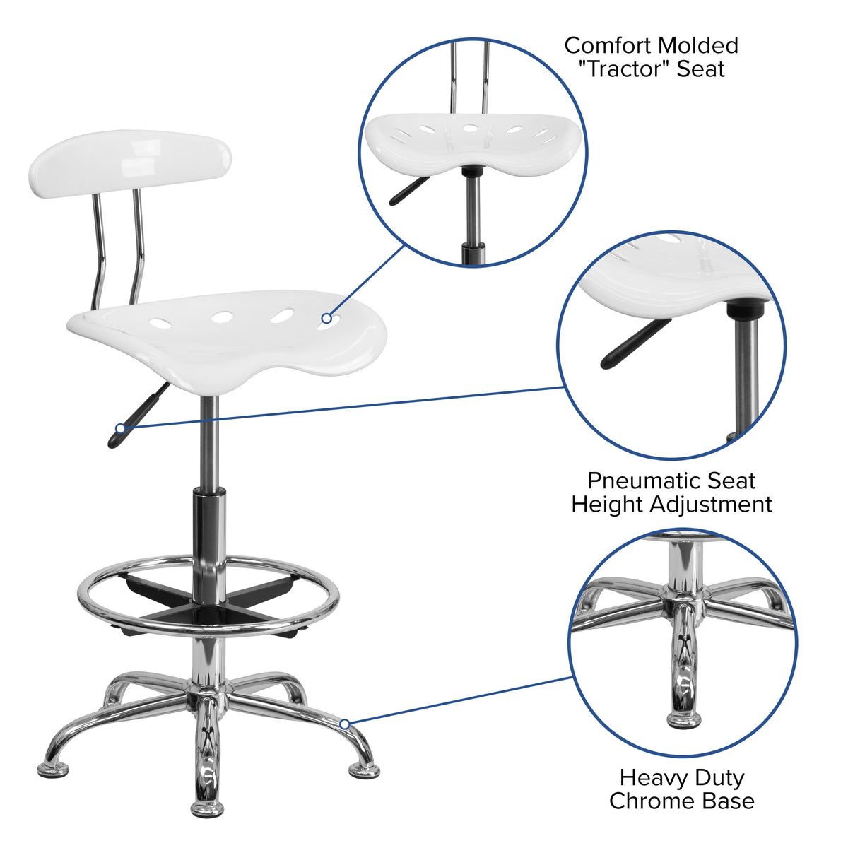 White |#| Vibrant White and Chrome Drafting Stool with Tractor Seat