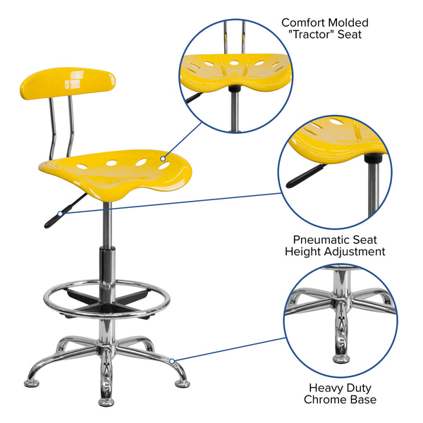 Yellow |#| Vibrant Yellow and Chrome Drafting Stool with Tractor Seat