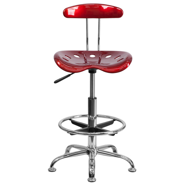 Wine Red |#| Vibrant Wine Red and Chrome Drafting Stool with Tractor Seat