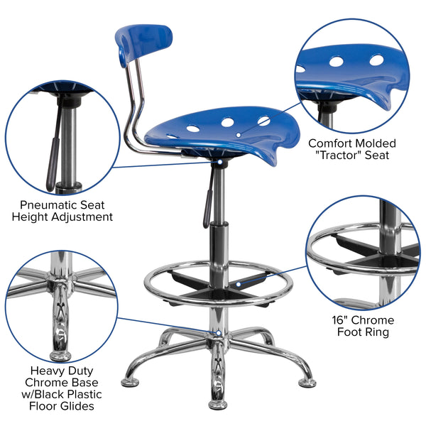 Bright Blue |#| Vibrant Bright Blue and Chrome Drafting Stool with Tractor Seat