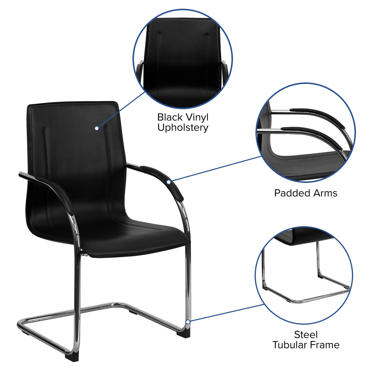 Black Vinyl Side Reception Chair with Chrome Sled Base - Lobby and Guest Seating