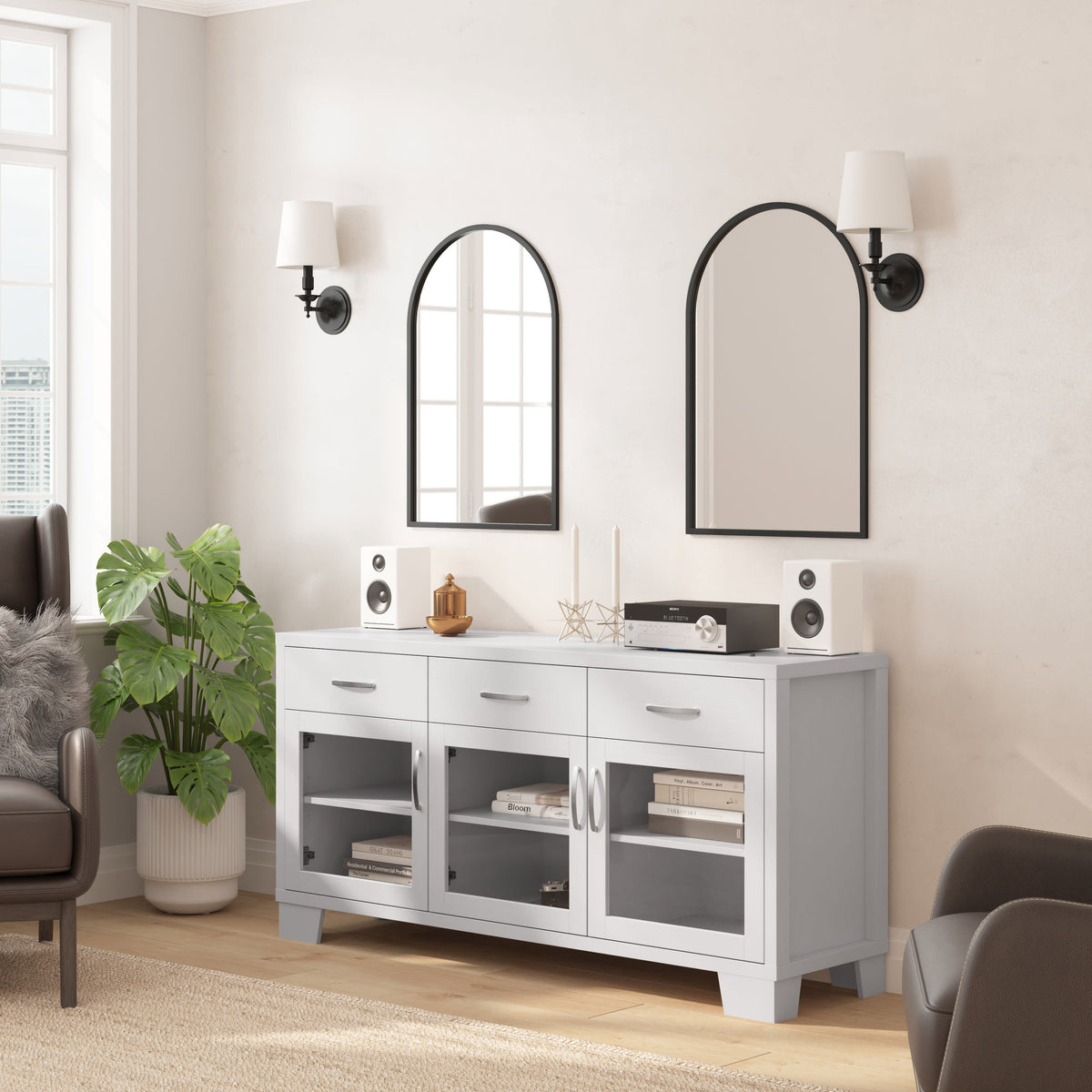 White |#| 59" Engineered Wood Buffet Sideboard Storage Cabinet w/ 3 Drawers, Doors in Wht