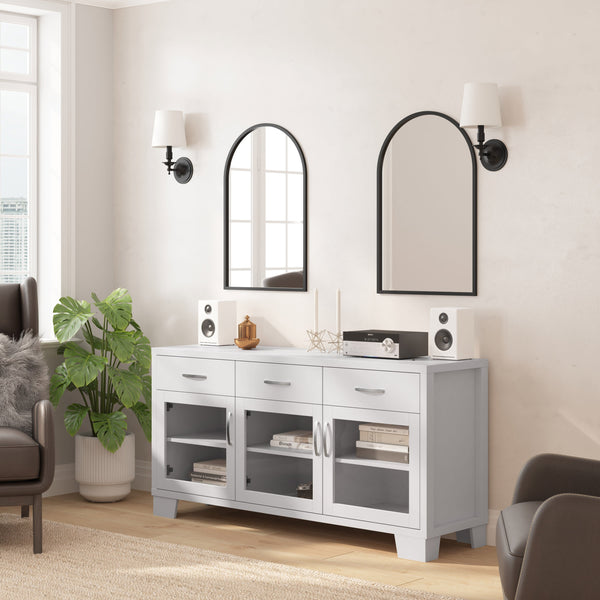 White |#| 59" Engineered Wood Buffet Sideboard Storage Cabinet w/ 3 Drawers, Doors in Wht