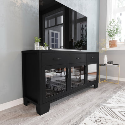 Wells Modern Kitchen and Dining Room Buffet Sideboard Storage Cabinet, Engineered Wood with 3 Tempered Glass Doors and 3 Drawers - View 2