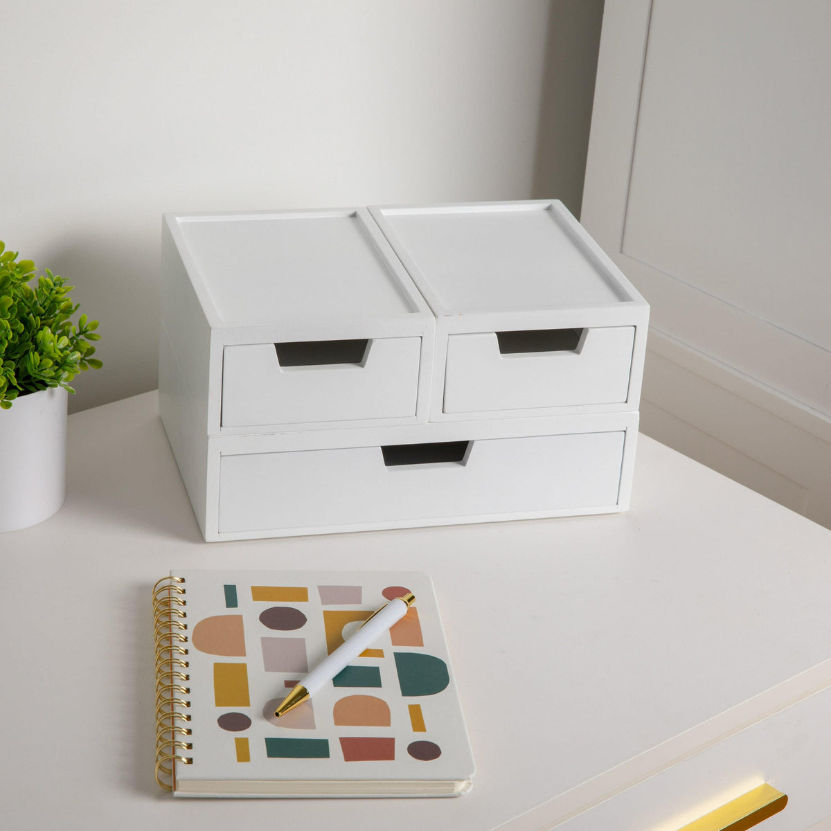 White |#| Set of 3 Engineered Wood Storage Boxes with Pullout Drawers in White