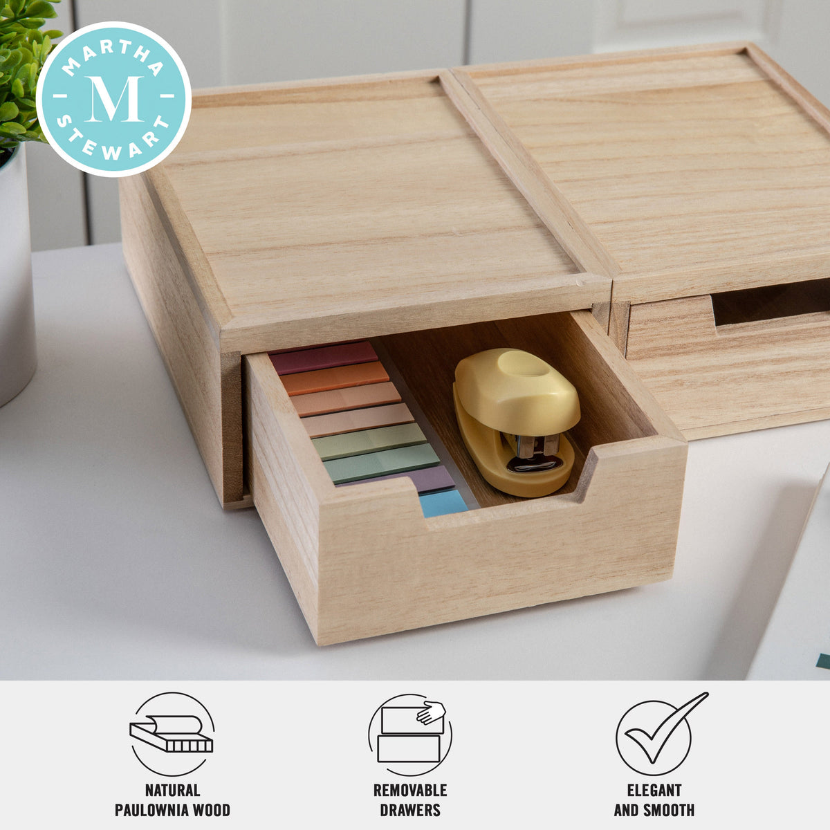 Light Natural |#| Set of 2 Paulownia Wood Storage Boxes with Pullout Drawers in Light Natural