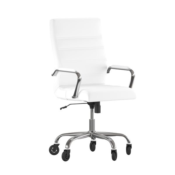 White LeatherSoft/Chrome Frame |#| Executive Chair with Chrome Frame & Arms on Skate Wheels - White LeatherSoft