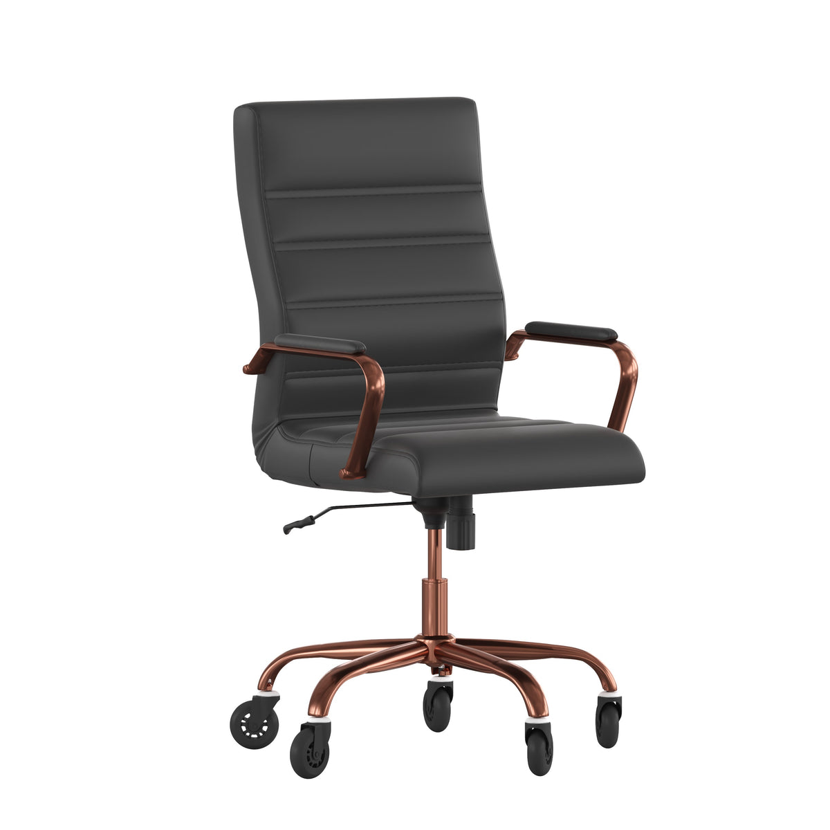 Black LeatherSoft/Rose Gold Frame |#| Executive Chair with Rose Gold Frame & Arms on Skate Wheels - Black LeatherSoft