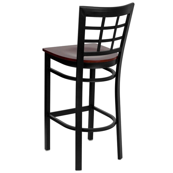 Mahogany Wood Seat/Black Metal Frame |#| Black Window Back Metal Restaurant Barstool - Mahogany Wood Seat