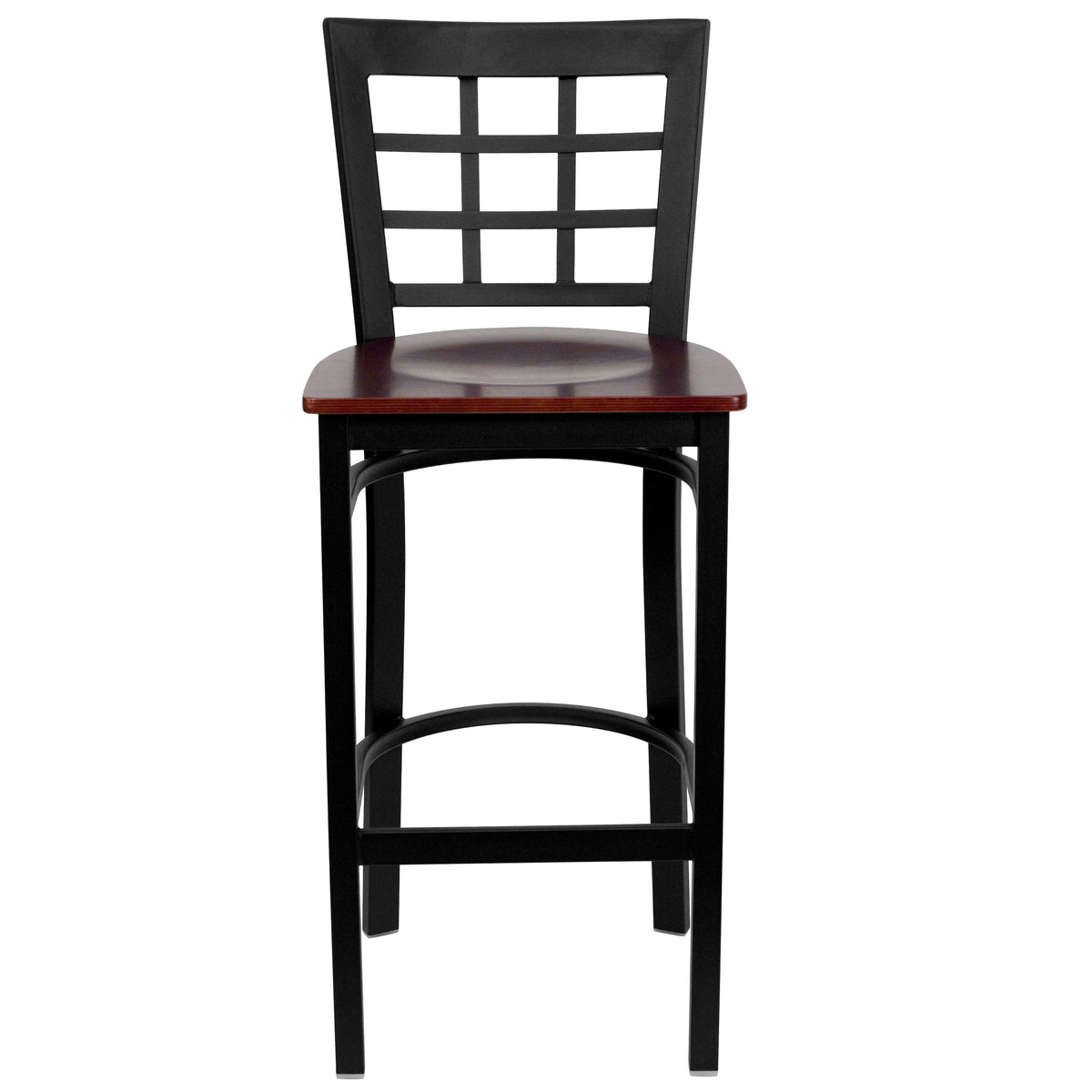 Mahogany Wood Seat/Black Metal Frame |#| Black Window Back Metal Restaurant Barstool - Mahogany Wood Seat