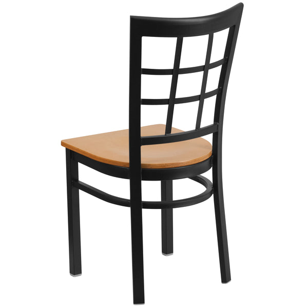 Natural Wood Seat/Black Metal Frame |#| Black Window Back Metal Restaurant Chair - Natural Wood Seat