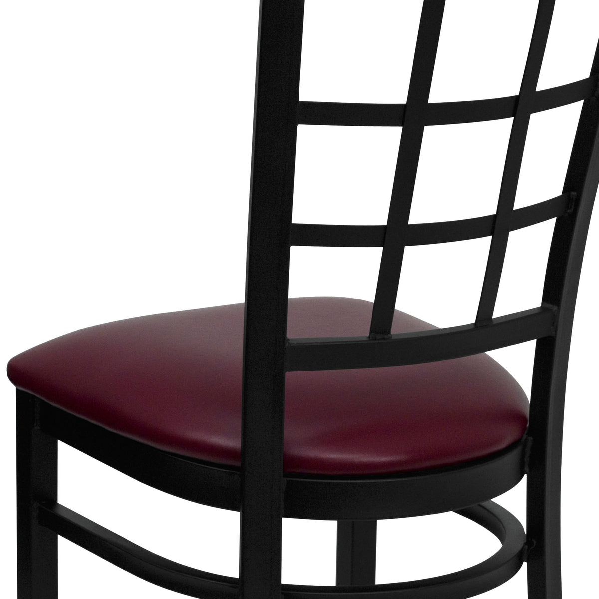 Burgundy Vinyl Seat/Black Metal Frame |#| Black Window Back Metal Restaurant Chair - Burgundy Vinyl Seat