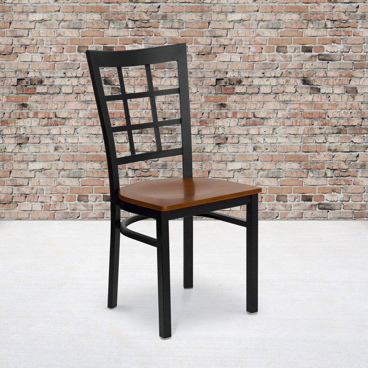 Cherry Wood Seat/Black Metal Frame |#| Black Window Back Metal Restaurant Chair - Cherry Wood Seat