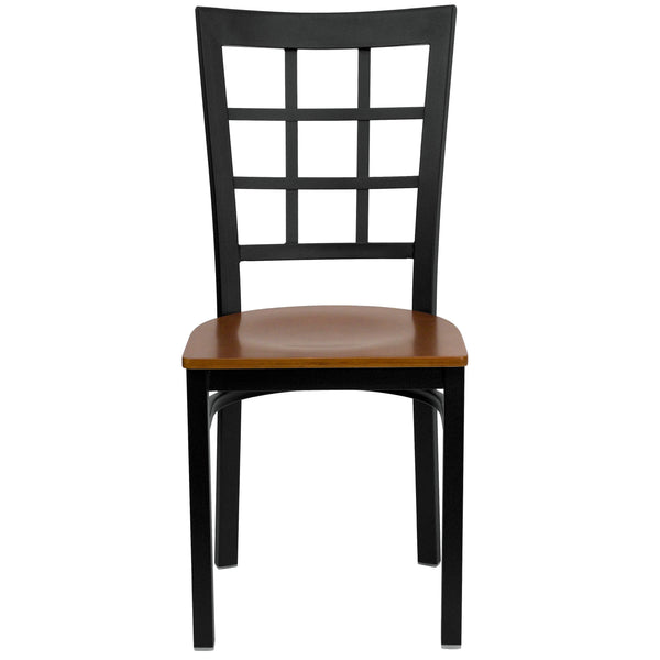 Cherry Wood Seat/Black Metal Frame |#| Black Window Back Metal Restaurant Chair - Cherry Wood Seat