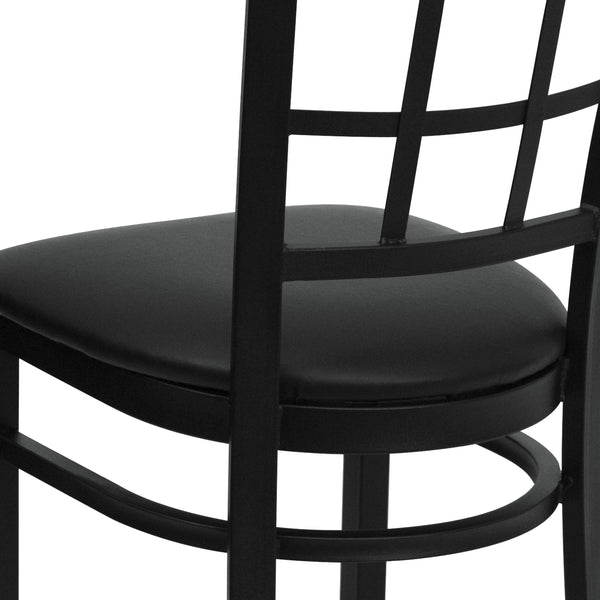 Black Vinyl Seat/Black Metal Frame |#| Black Window Back Metal Restaurant Chair - Black Vinyl Seat