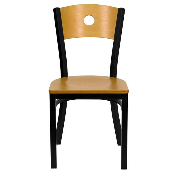 Natural Wood Back/Natural Wood Seat/Black Metal Frame |#| Black Circle Back Metal Restaurant Chair - Natural Wood Back & Seat