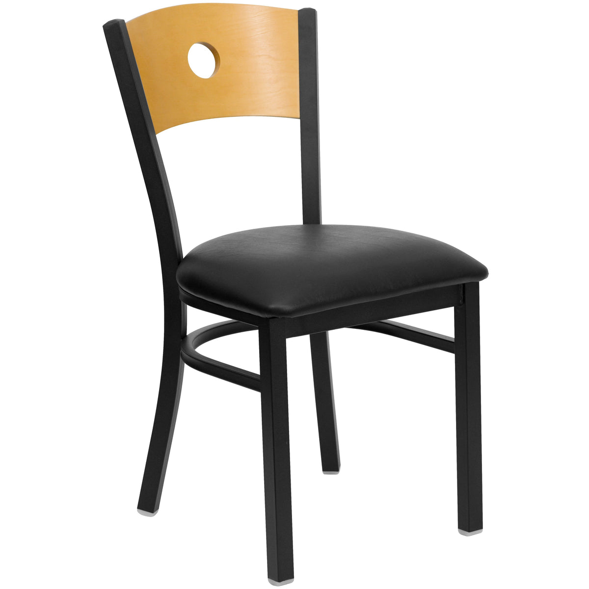 Natural Wood Back/Black Vinyl Seat/Black Metal Frame |#| Black Circle Back Metal Restaurant Chair - Natural Wood Back, Black Vinyl Seat