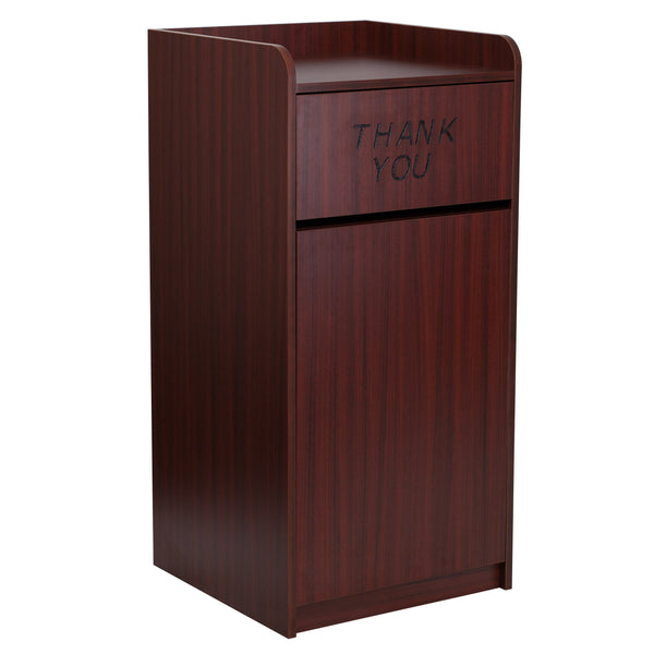 Mahogany |#| Wood Tray Top Receptacle in Mahogany - Commercial Grade Push Door Trash Can