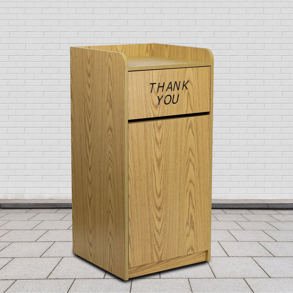 Oak |#| Wood Tray Top Receptacle in Oak - Commercial Grade Push Door Trash Can