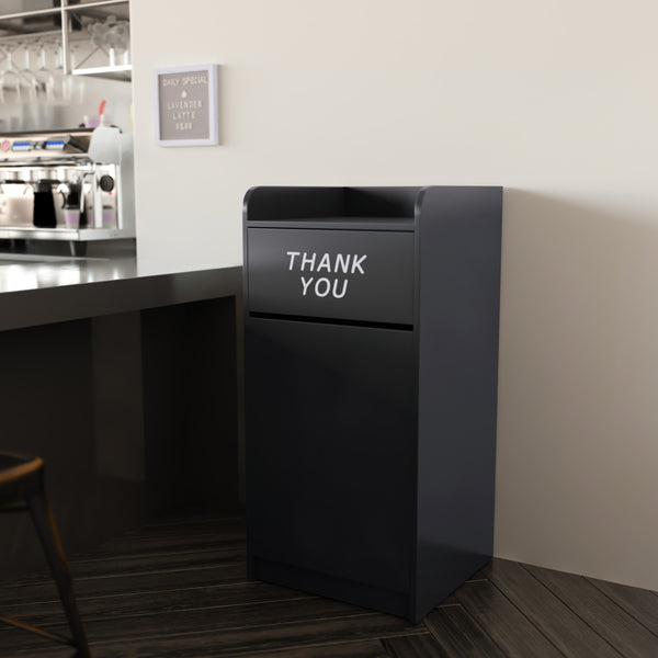 Black |#| Wood Tray Top Receptacle in Black - Commercial Grade Push Door Trash Can