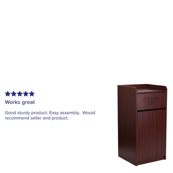 Mahogany |#| Wood Tray Top Receptacle in Mahogany - Commercial Grade Push Door Trash Can