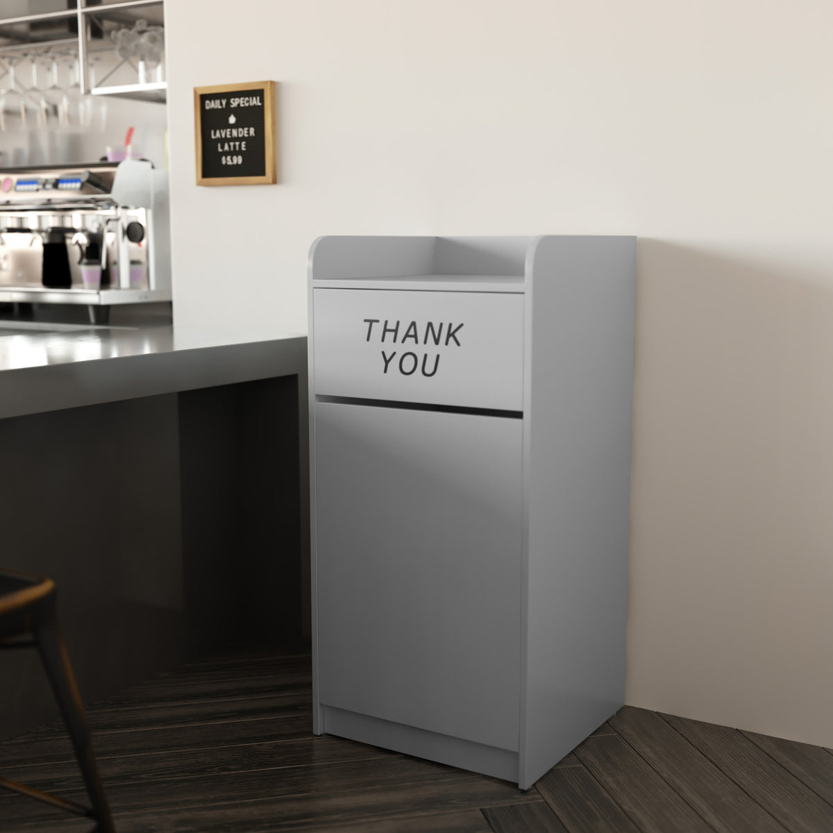 Gray |#| Wood Tray Top Receptacle in Gray - Commercial Grade Push Door Trash Can