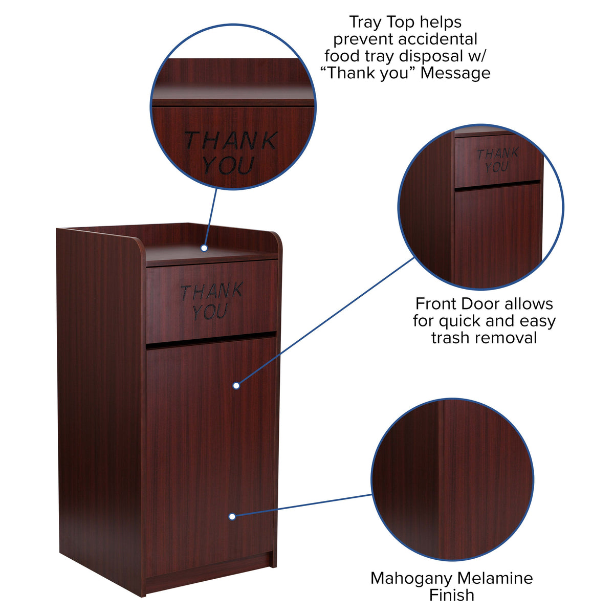 Mahogany |#| Wood Tray Top Receptacle in Mahogany - Commercial Grade Push Door Trash Can