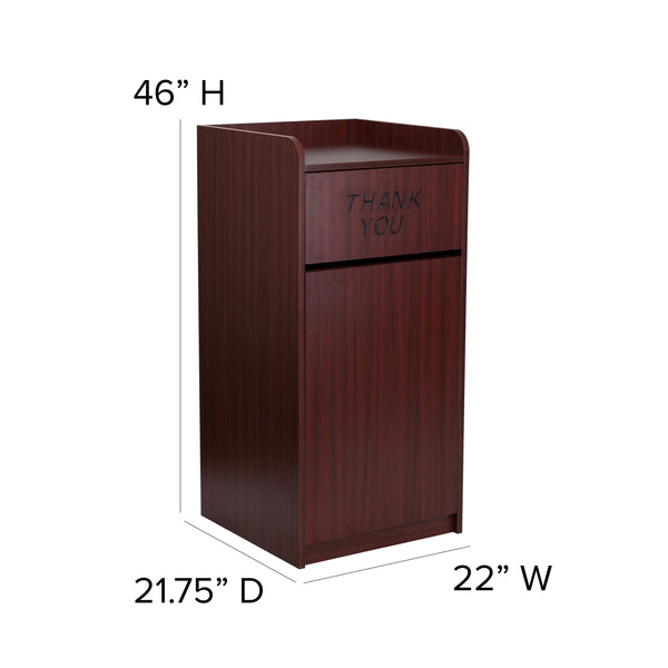 Mahogany |#| Wood Tray Top Receptacle in Mahogany - Commercial Grade Push Door Trash Can