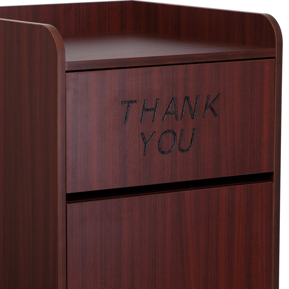 Mahogany |#| Wood Tray Top Receptacle in Mahogany - Commercial Grade Push Door Trash Can