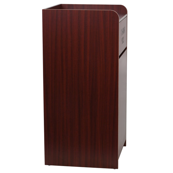 Mahogany |#| Wood Tray Top Receptacle in Mahogany - Commercial Grade Push Door Trash Can