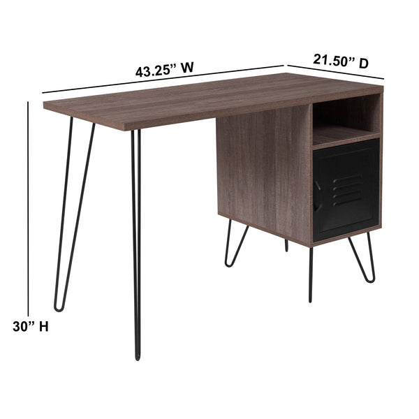 Rustic Wood Finish Computer Desk with Metal Cabinet Door and Black Metal Legs