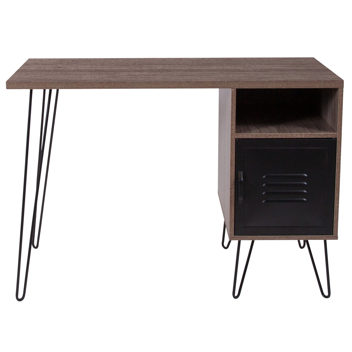 Rustic Wood Finish Computer Desk with Metal Cabinet Door and Black Metal Legs