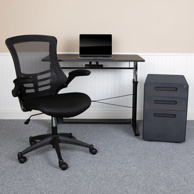 Work From Home Kit - Adjustable Computer Desk, Ergonomic Mesh Office Chair and Locking Mobile Filing Cabinet with Inset Handles