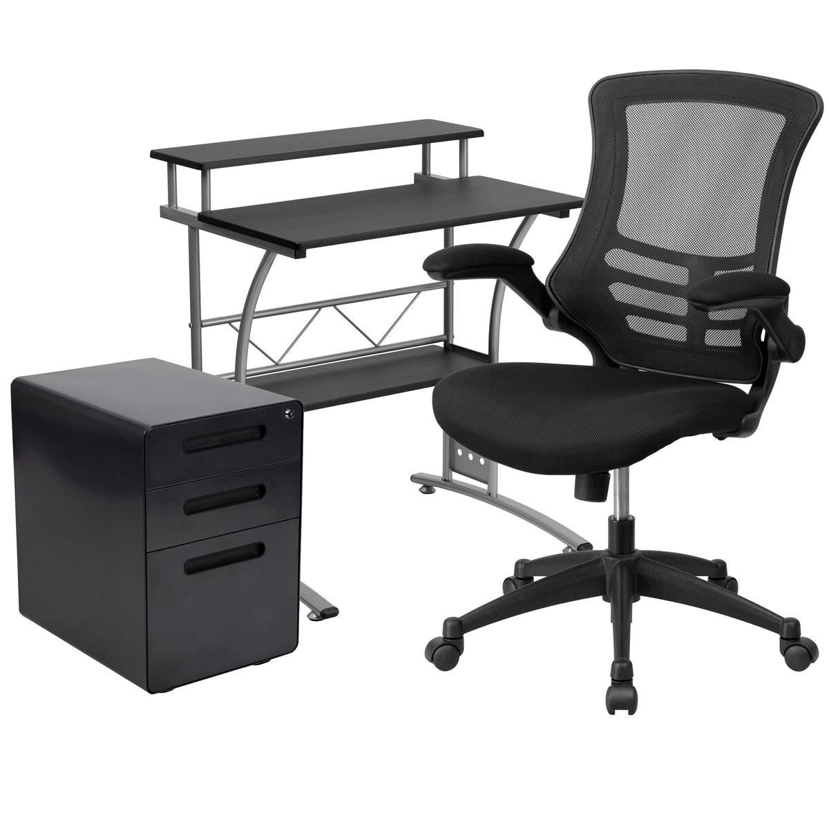 3PC Office Set-Black Computer Desk, Ergonomic Mesh Office Chair, Filing Cabinet