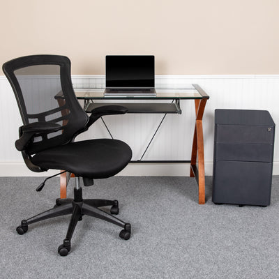 Work From Home Kit - Glass Desk with Keyboard Tray, Ergonomic Mesh Office Chair and Filing Cabinet with Lock & Side Handles - View 2