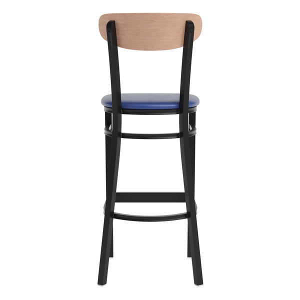 Natural Birch Wood Back/Blue Vinyl Seat |#| Commercial Metal Barstool with Vinyl Seat and Wood Boomerang Back-Blue/Natural