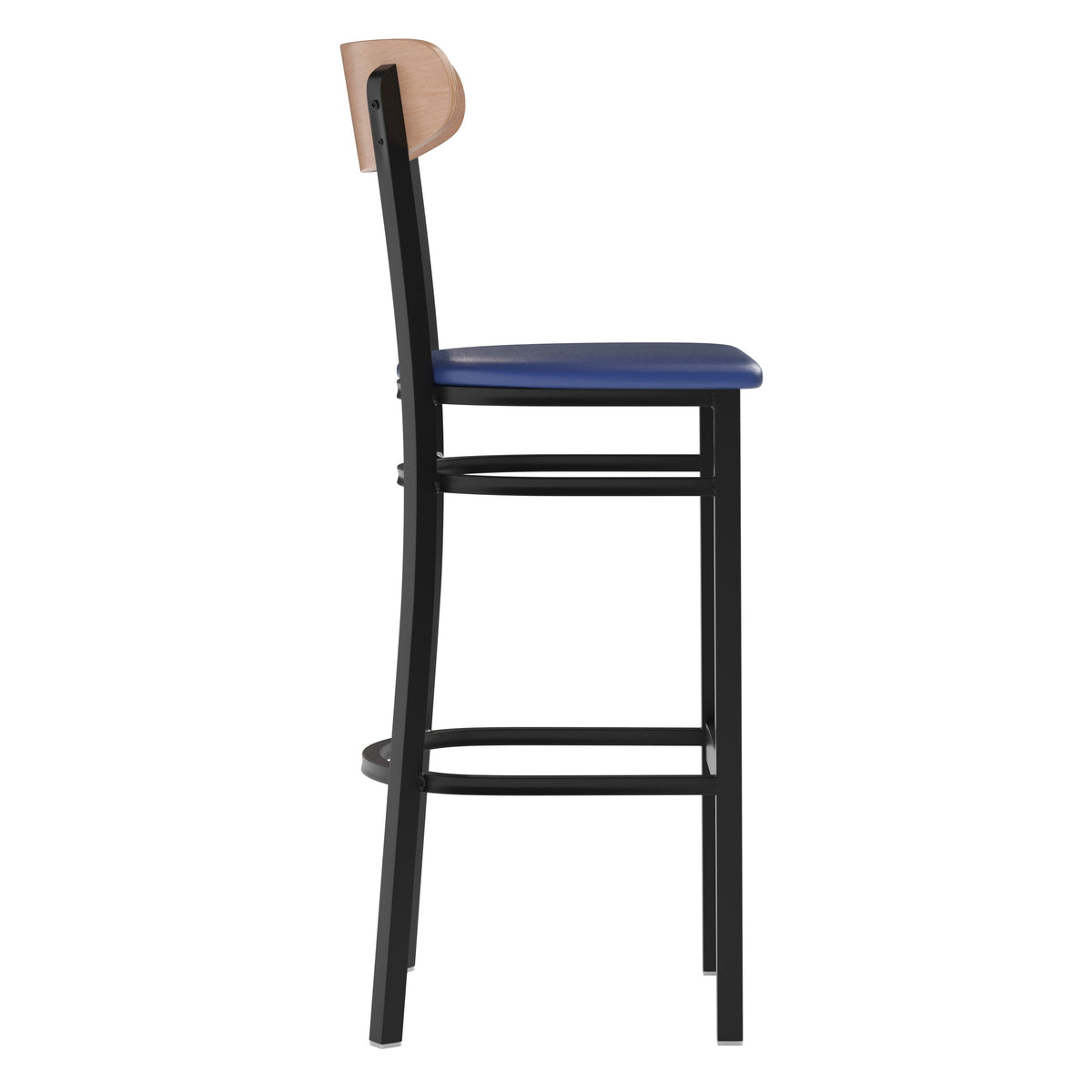 Natural Birch Wood Back/Blue Vinyl Seat |#| Commercial Metal Barstool with Vinyl Seat and Wood Boomerang Back-Blue/Natural