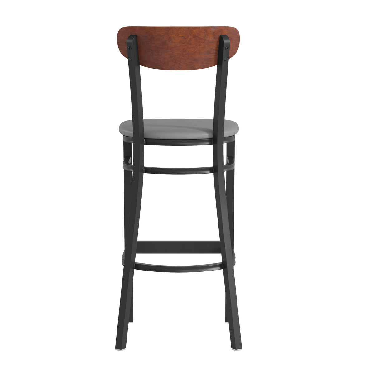 Walnut Wood Back/Gray Vinyl Seat |#| Commercial Metal Barstool with Vinyl Seat and Wood Boomerang Back-Gray/Walnut