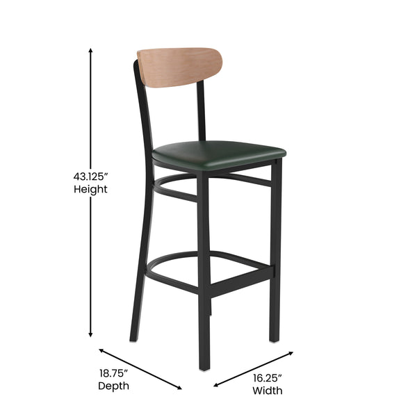 Natural Birch Wood Back/Green Vinyl Seat |#| Commercial Metal Barstool with Vinyl Seat and Wood Boomerang Back-Green/Natural