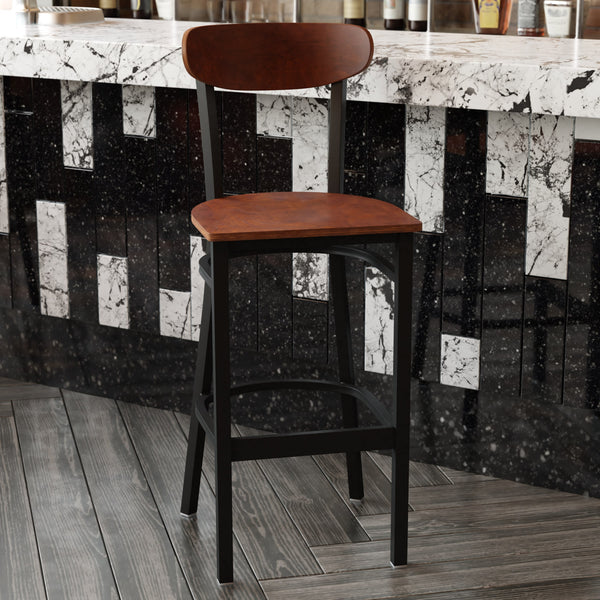 Walnut |#| Commercial Metal Barstool with Wood Seat and Boomerang Back-Walnut Finish