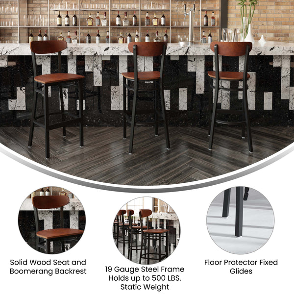 Walnut |#| Commercial Metal Barstool with Wood Seat and Boomerang Back-Walnut Finish