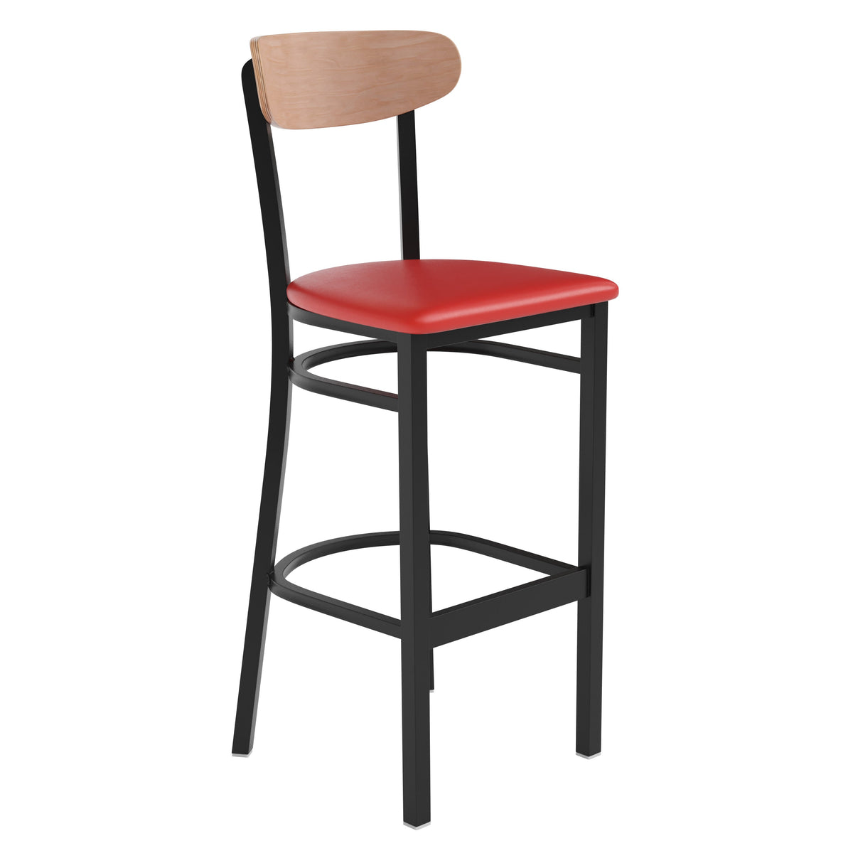Natural Birch Wood Back/Red Vinyl Seat |#| Commercial Metal Barstool with Vinyl Seat and Wood Boomerang Back-Red/Natural