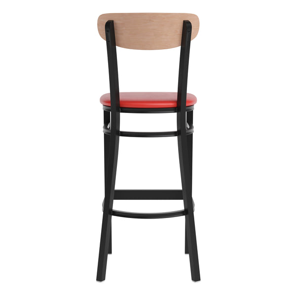 Natural Birch Wood Back/Red Vinyl Seat |#| Commercial Metal Barstool with Vinyl Seat and Wood Boomerang Back-Red/Natural