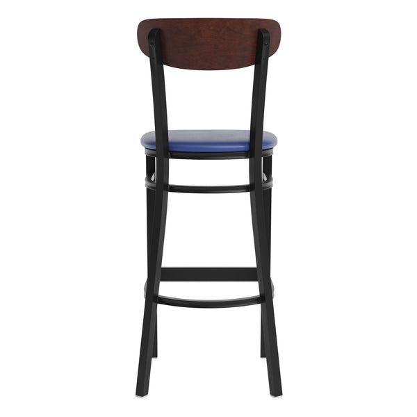 Walnut Wood Back/Blue Vinyl Seat |#| Commercial Metal Barstool with Vinyl Seat and Wood Boomerang Back-Blue/Walnut