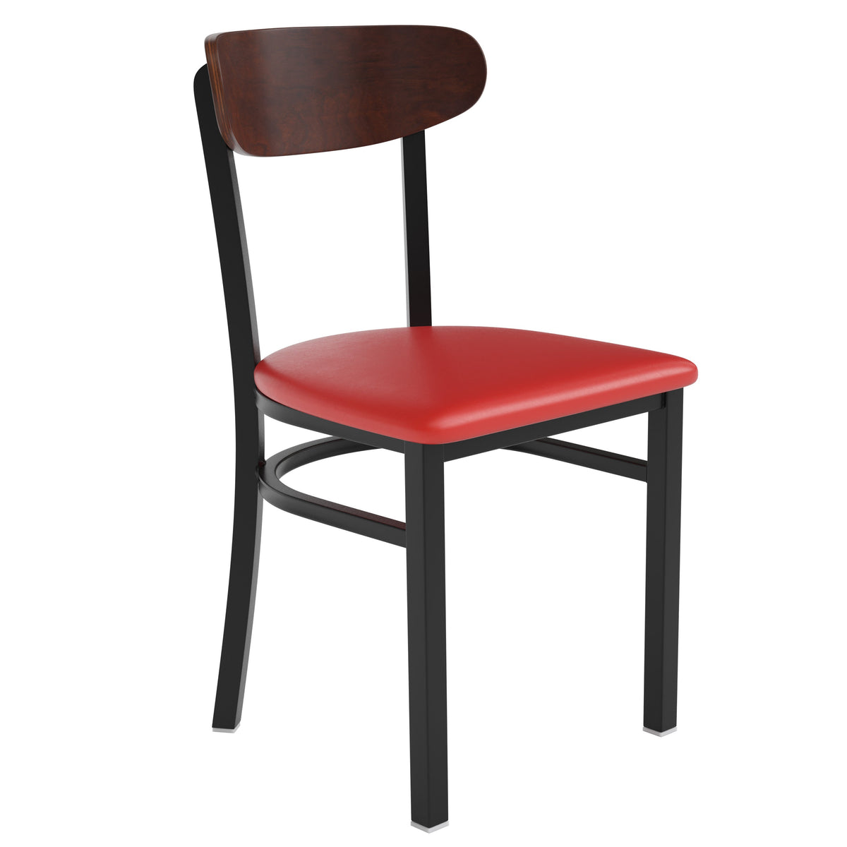 Walnut Wood Back/Red Vinyl Seat |#| Commercial Metal Dining Chair with Vinyl Seat and Wood Boomerang Back-Red/Walnut