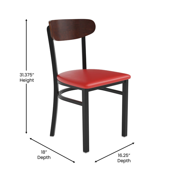 Walnut Wood Back/Red Vinyl Seat |#| Commercial Metal Dining Chair with Vinyl Seat and Wood Boomerang Back-Red/Walnut