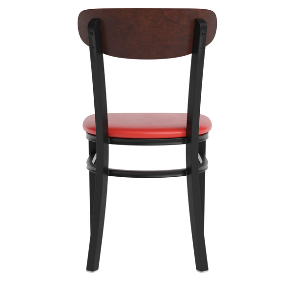 Walnut Wood Back/Red Vinyl Seat |#| Commercial Metal Dining Chair with Vinyl Seat and Wood Boomerang Back-Red/Walnut