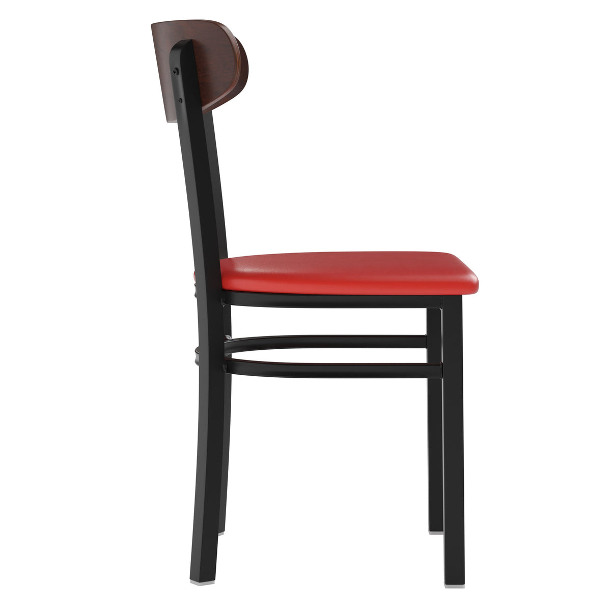 Walnut Wood Back/Red Vinyl Seat |#| Commercial Metal Dining Chair with Vinyl Seat and Wood Boomerang Back-Red/Walnut